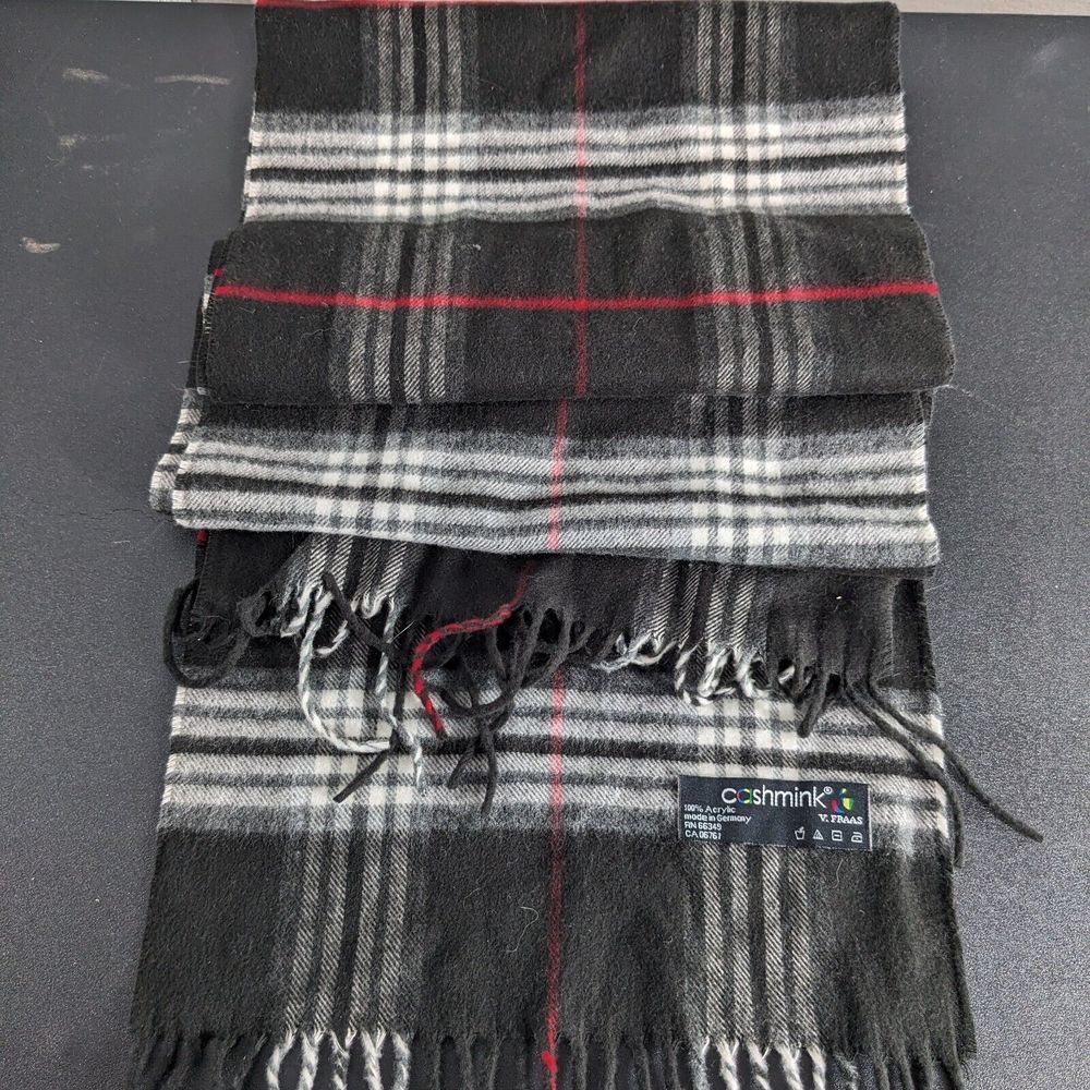 V Frass Cashmink Plaid Scarf Women's Gray Black Red Fringe Made‎ in Germany